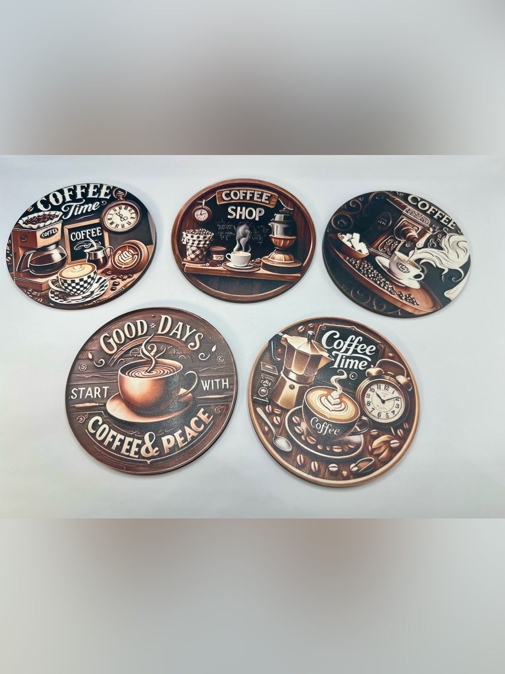5 Pc. Set of VintageCoffee Shop Theme. Non-Slip Coasters - Picture 1 of 7